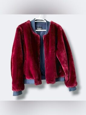 GUESS Los Angeles Burgundy Faux Fur Bomber Jacket - Size Large